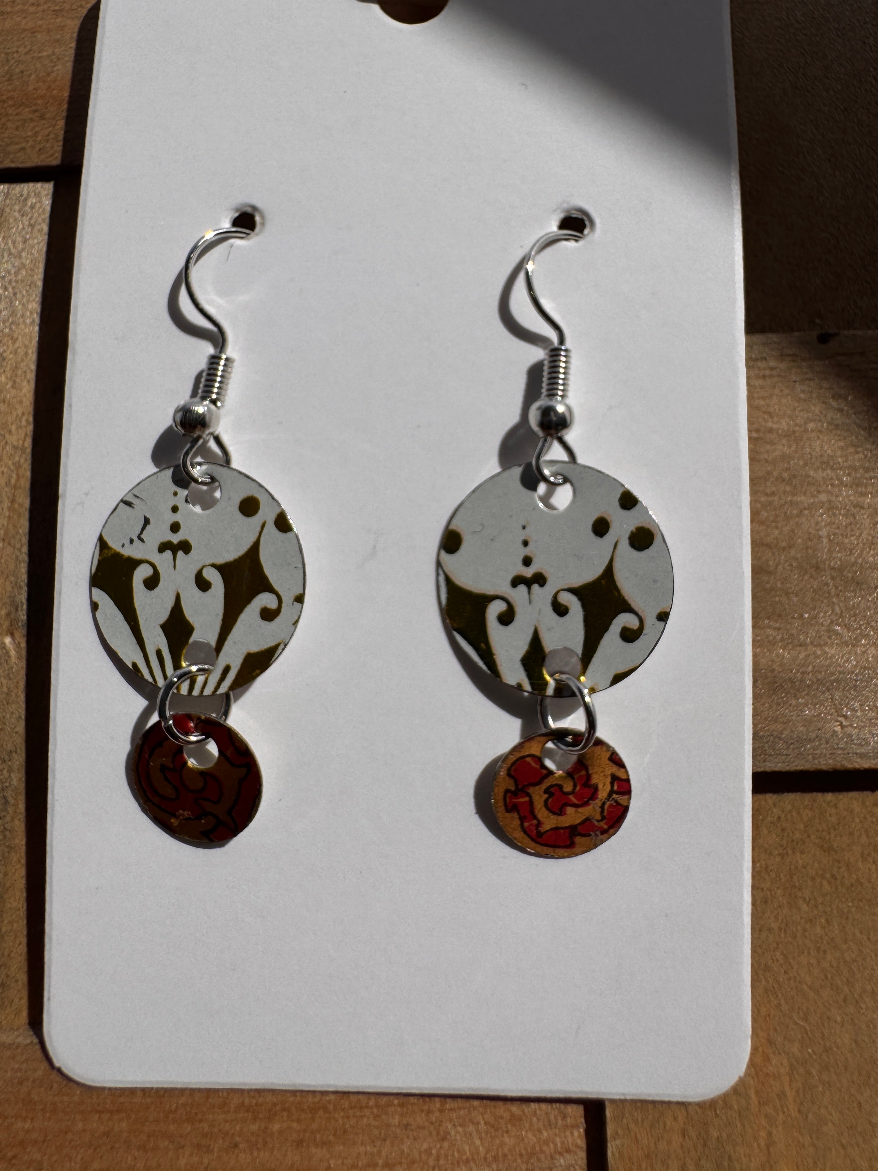 Gold & Red Damask Double Disc Earrings
