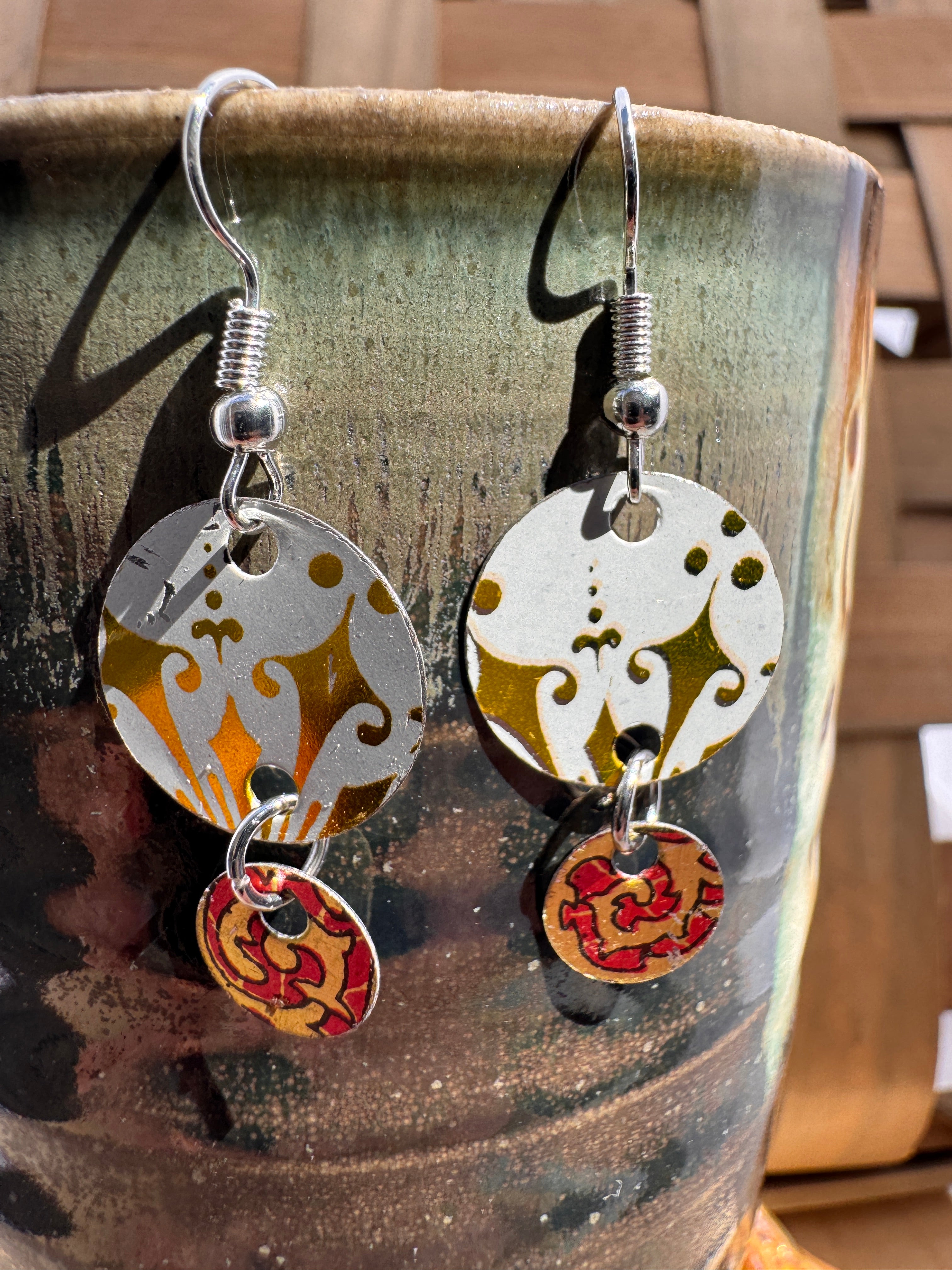 Gold & Red Damask Double Disc Earrings