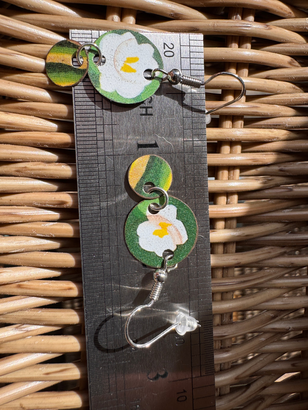 White Floral Double Disc Dangle Earrings