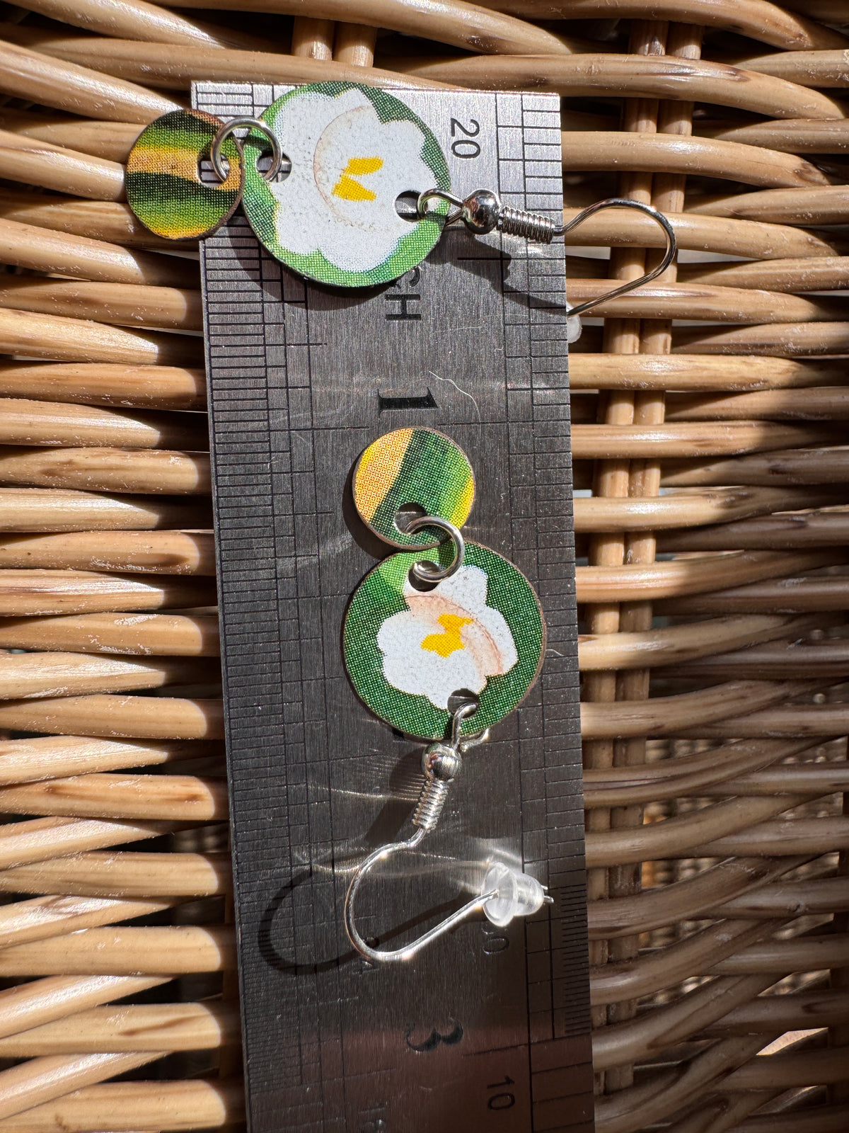White Floral Double Disc Dangle Earrings