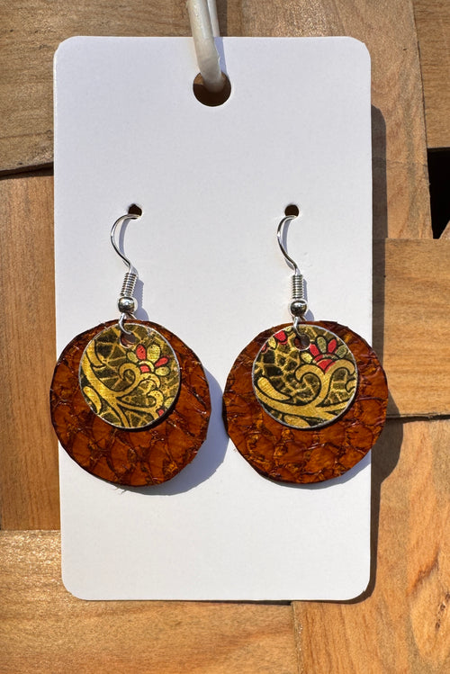 Fish Leather & Tin Mandala Circle Drop Earrings