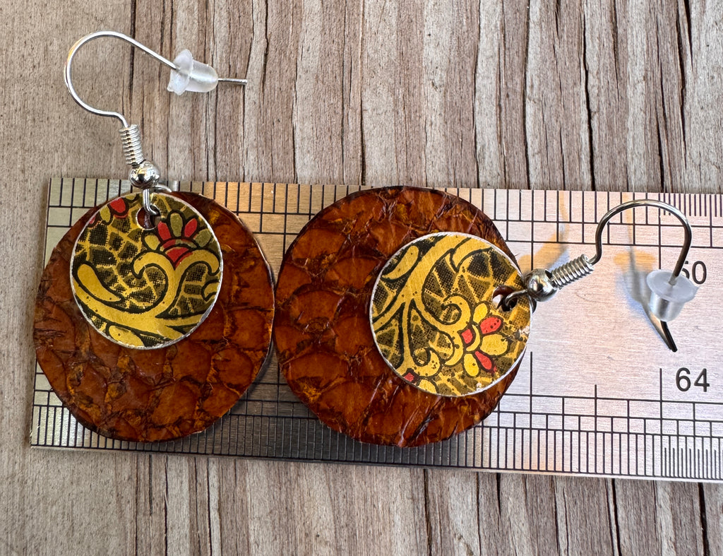Fish Leather & Tin Mandala Circle Drop Earrings